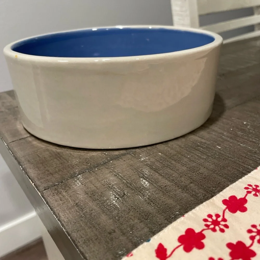 Ceramic Pet Dog Cat Dish Set - Rae Dunn ‘CHOW DOWN’ + blue / tan